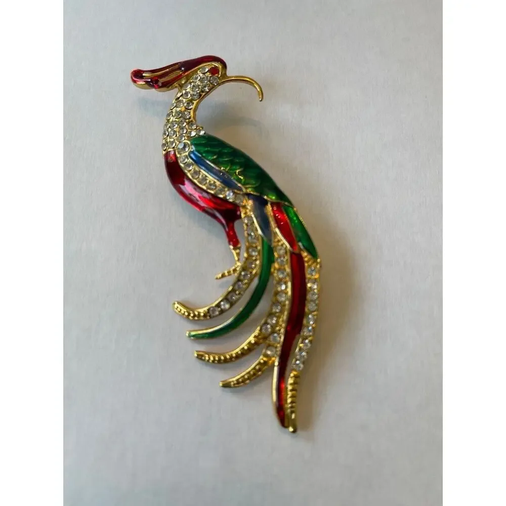 Gold Tone Red & Green Enamel Rhinestone Bird Peacock Brooch Pin Vintage Estate